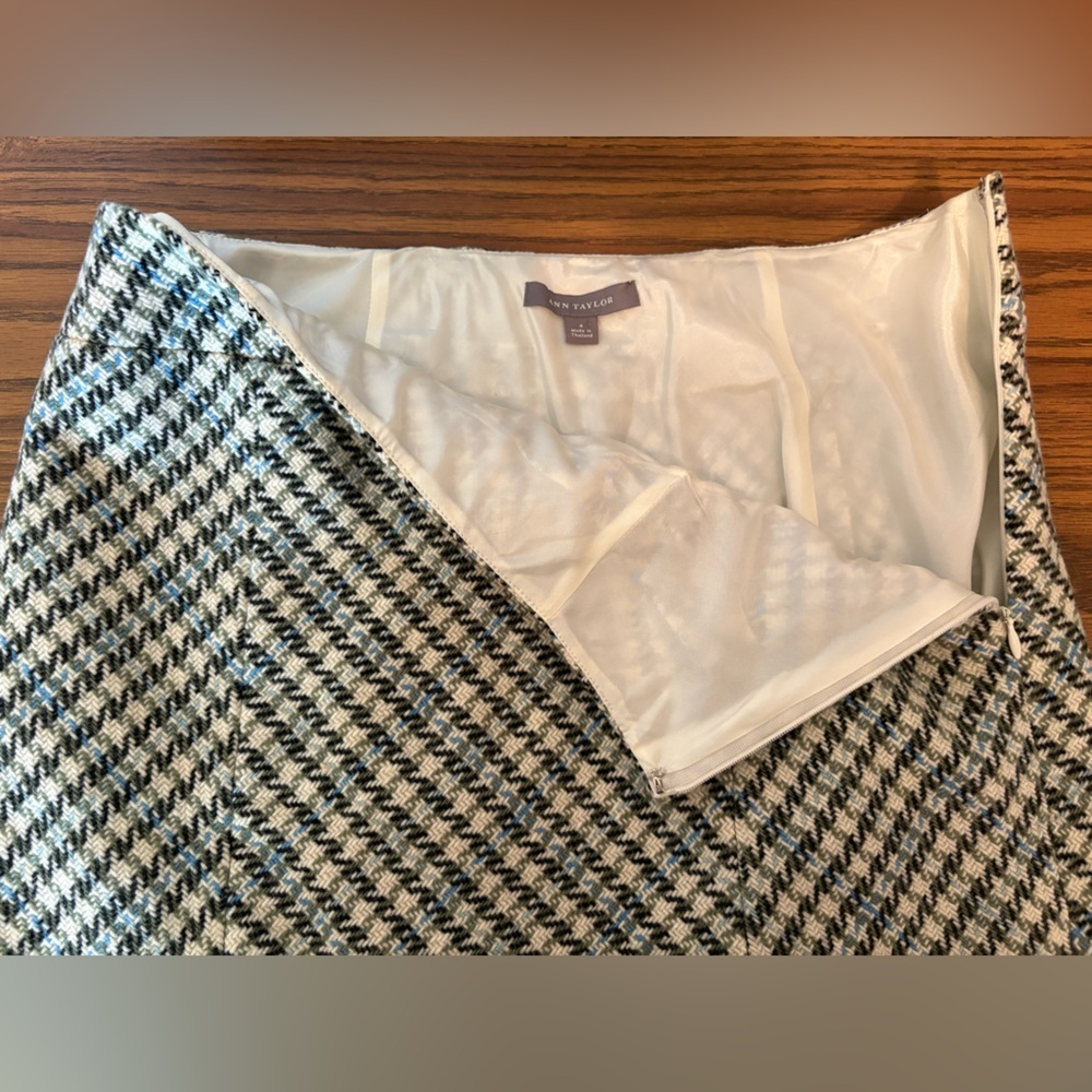 Ann Taylor Women’s Size 4 Skirt Wool-Blend Lined Cream Green Blue Houndstooth - Picture 10 of 16
